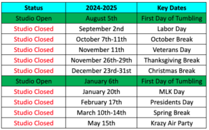 Tumble Shack - 2024-2025 Key Dates